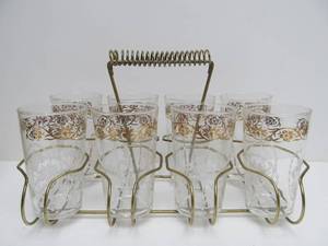 lot 48 image: Mid Century Set of 8 Glass Tumblers wCarrying Rack