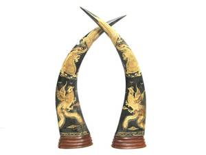 lot 70 image: Awesome Pair of Vintage Large Oriental Carved Genuine Buffalo Horns