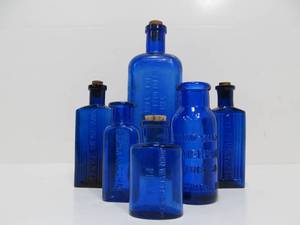 lot 9 image: Group of Antique Cobalt Blue Pharmacy Bottle - Including Poison
