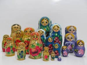 lot 31 image: 3 Sets of Hand Painted Wood Russian Matryoshka Nesting Dolls