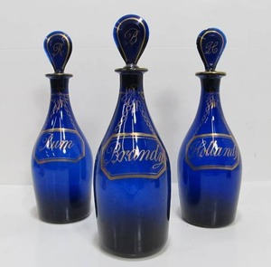 lot 36 image: Early Antique Bristol Blue LiquorSpirits Decanter Set
