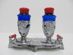 lot 40 image: Mid Century Cobalt Blue Glass Ornate Japanese Salt & Pepper Set