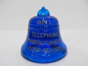lot 42 image: Old Vintage Cobalt Blue Glass BELL Telephone Advertising Paperweight