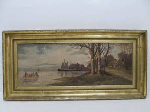 lot 105 image: Framed Signed Oil on Board Waterfront Village Painting