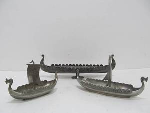 lot 215 image: Larger Vintage Mid Century Norwegian Pewter BoatsShips Salt Cellars