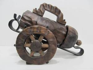 lot 220 image: Vintage Iron & Wood Cannon-Form Bottle Holder wCup