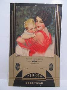 lot 233 image: Awesome Orig Vintage 1935 Deco GOODYEAR & Chevy Advertising Calendar