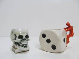 lot 244 image: 2 Very cool Vintage Small Porcelain Cups or Shot Glasses - Skull & Man on Dice
