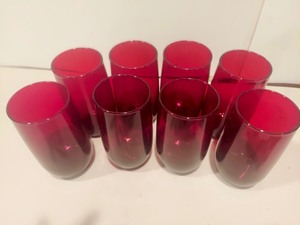 lot 95 image: Vintage Ruby Red Ball Pitcher w 8 Tumbler Glasses