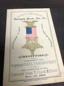 lot 170 image: Original Antique Invitation to 1882 Grand Army of The Republic Reception