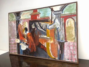 lot 163 image: Mid Century Framed Signed Dated 1964 Oil on Canvas Painting by John Maakestad - Oslo, Norway Jazz Festival