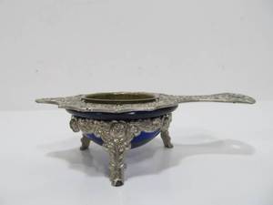 lot 270 image: Old Vintage Ornate Tea Strainer wCobalt Blue Glass Insert