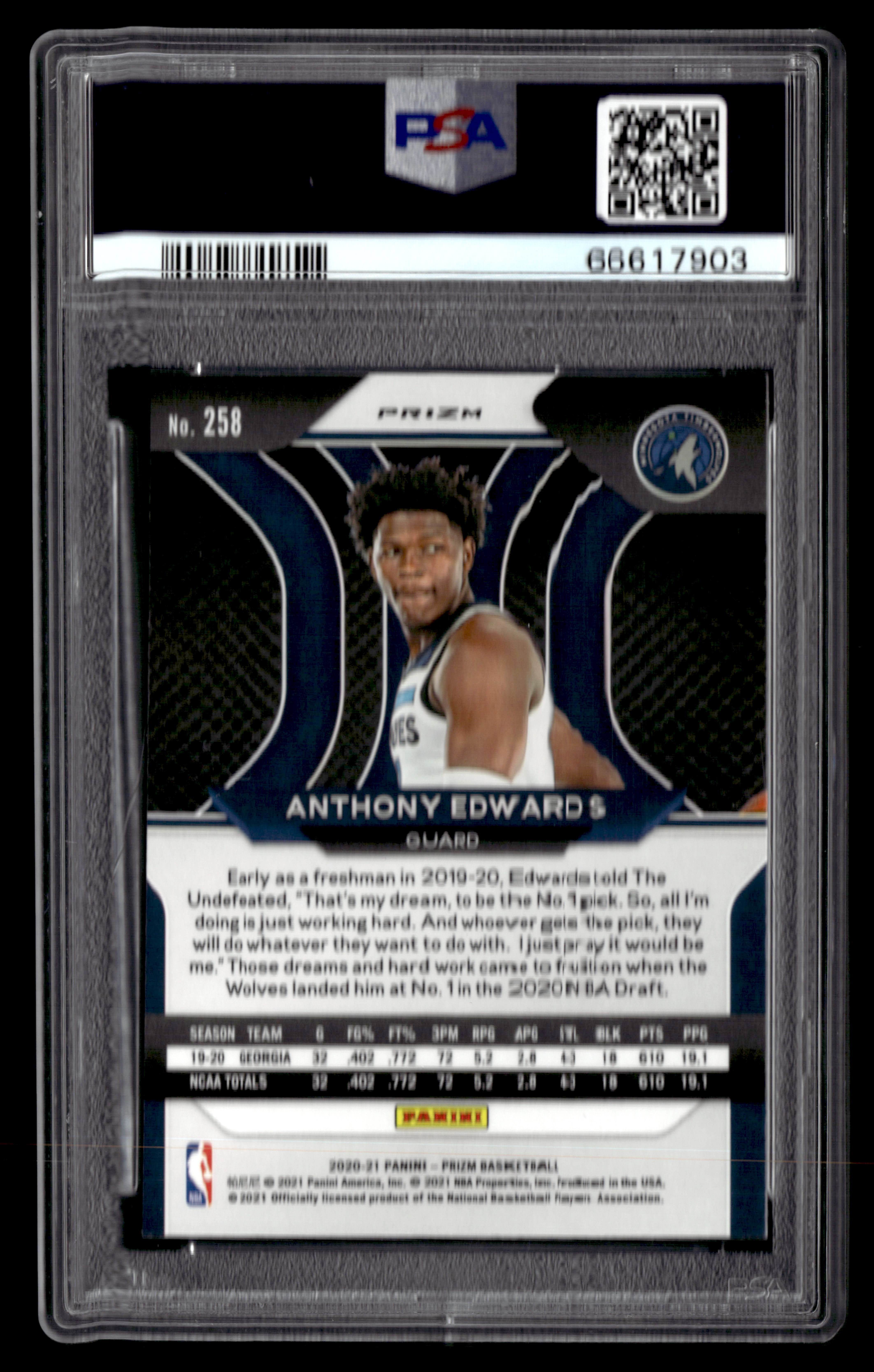 PSA 9 2020 Panini Prizm Red/White/Blue Prizm Anthony Edwards