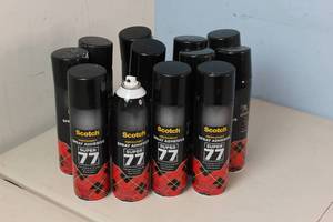 12 Cans of Scotch Super 77 Spray Adhesive - cans full, some plastic parts damaged