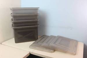 4 Storage Bins, 2 lids damaged