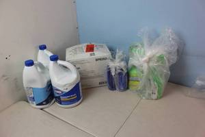 Various Cleaners and Soaps, 3 gallons of Clorox Bleach, 4 Brighton Soap Refills, 3 Bottles Fantastic, and 2 Clean That Pot