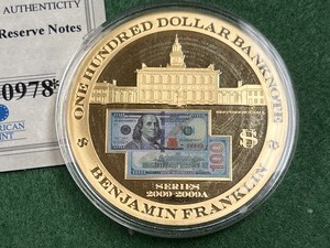 100-Dollar Bank Note Medal -- Layered On 24kt Gold -- 51.5grams