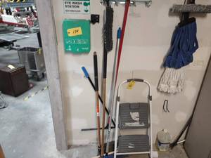 lot 173 image: Step Stool, Brooms, Floor Squeegee,...