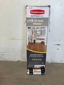 lot 128 image: Rubbermaid White 6-10 ft. Wire Shelving FastTrack Closet Kit