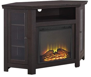 lot 19 image: Walker Edison Alcott Classic Glass Door Fireplace Corner Entertainment Center TV Stand in Espresso
