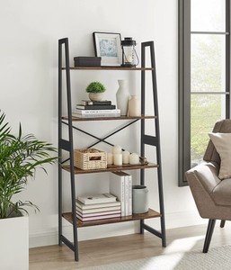 lot 35 image: Vasagle 4-Tier Ladder Standing Bookshelf in Rustic Brown & Black with Bamboo Frame
