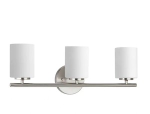 lot 144 image: Wholesale Pallet of Lighting - Progress Lighting Replay Collection 22 in. 3-Light Brushed Nickel Etched White Glass Modern Bathroom Vanity Lights