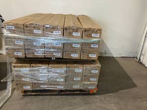 lot 148 image: Pallet of 30 4-Pack Cases of Pre-Cut White Cordless Room Darkening 1 in. Aluminum Slat Blinds 52 in. W x 64 in. L