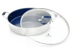 lot 9 image: Deen Family 14 Tri-Ply All Purpose Fry Pan w Fry Basket Insert & Dual Handles  NavyStainless Steel