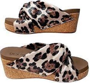 Corkys Cheerful Stud Detail Twist Top Open Toe Wedge Sandals  Gold Cheetah Size 6