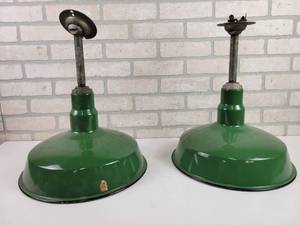 lot 394 image: (2) Antique Green Enamel Warehouse Lights