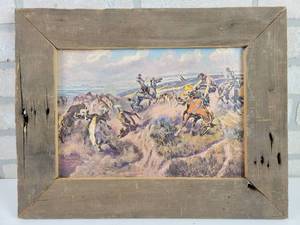lot 412 image: Vintage Charles Marion Russell A Tight Dally and Loose Latigo Framed Canvas Print