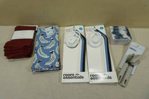 lot 308 image: Assorted Kitchen Products -Cloth Napkins, Hand Towels, Bottle LidStraw Sets, Coasters