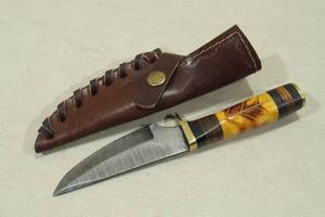 lot 36 image: Damascus Style Blade Hunting Knife with Leather Sheath