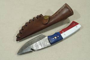 lot 37 image: Damascus Style Guthook Blade Hunting Knife with Leather Sheath