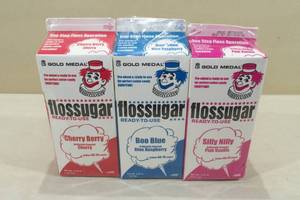 lot 97 image: 3 Flossugar Cotton Candy Sugar 3.25lbs Each -Cherry, Blue Raspberry, Pink Vanilla