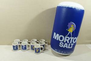 lot 141 image: Vintage Morton Salt Blow-Up Container with 9 Coffee Mugs
