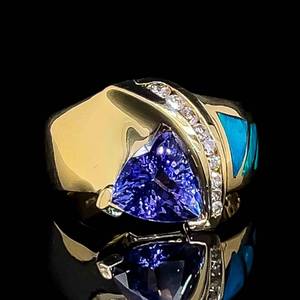 Trillion Cut Natural High Grade Tanzanite, Diamond & Opal Inlay Contemporary Ring in 14k Yellow Gold $5250 Retail VIDEO