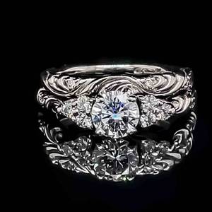 0.90 Carat Diamond (F Color) Ornate Engraved Engagement Ring & Bridal Ring Two-Piece Set in Platinum $6,199 Retail VIDEO