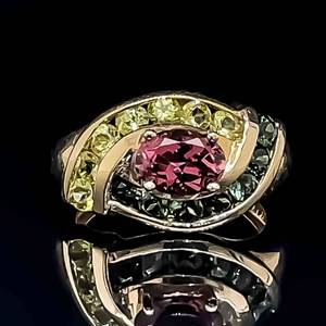 Natural Tourmaline Multi-Gemstone Channel Swirl Ring in 14k Yellow Gold $2,100 Retail VIDEO