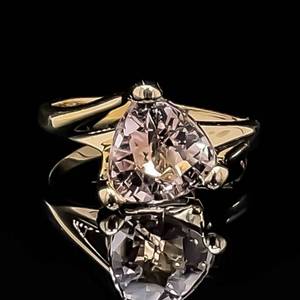Natural Peach Morganite Trillion Cut Solitaire Swirl Ring in 14k Yellow Gold VIDEO