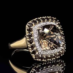 Pineapple Cut Smoky Quartz & Diamond Double Halo Cocktail Ring in 14k Yellow Gold VIDEO