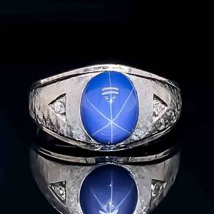 Blue Star Sapphire Oval Cabochon & Diamond Engraved Pattern Beveled Edge Ring in 14k White Gold VIDEO