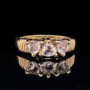 Trillion Kunzite Three-Stone Scalloped Ring in 14k Yellow Gold