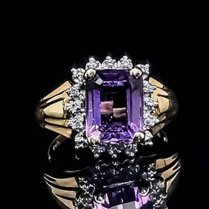 Amethyst  and Diamond Halo Rectangular Cluster Cocktail Scalloped Ring in 14k Yellow Gold $1,299 Retail VIDEO
