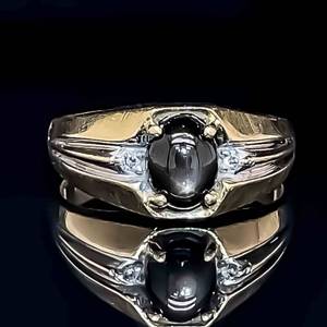 Mens Oval Cats Eye & Diamond Estate Ring in Yellow Gold