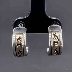 Engraved Navajo Native Dancing Man Yellow Gold & Sterling Silver C-Hoop Earrings Two-Tone Metal
