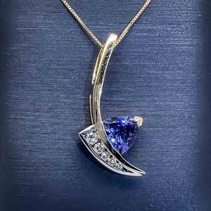 Natural Tanzanite & Diamond Modern Curved Drop Pendant in 14k Yellow Gold $2700 Retail VIDEO