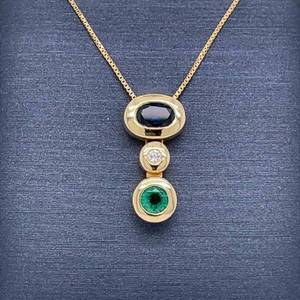 Diamond, Natural Blue Sapphire & Emerald Retro-Mod Bezel Estate Drop Pendant in 14k Yellow Gold $2,699 Retail VIDEO