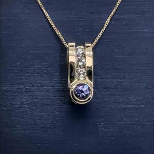 Diamond Three-Stone Channel & Natural Tanzanite Retro-Mod Slide Pendant in 14k Yellow Gold $1,899 Retail VIDEO