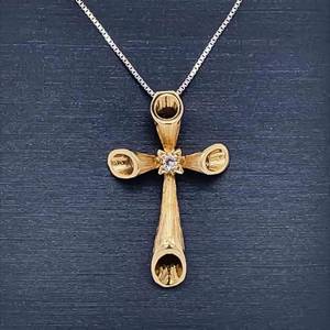 Diamond Solitaire 3D Tubular Scroll Cross Pendant in 14k Yellow Gold